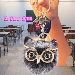 💖 HOST PICK 💖 Furry Pom Owl with Glases Grey Black Bling Bag Charm Key Chain